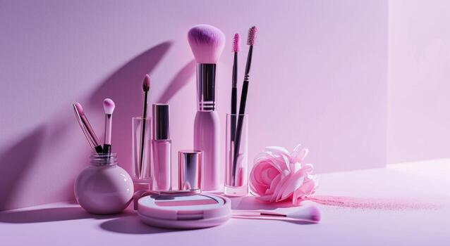 ai generated cosmetic make up products on a pink background free photo